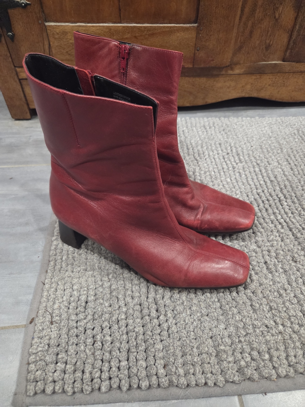 Etienne Aigner Red Leather Ankle Boots | Square Toe | All Leather | Women's